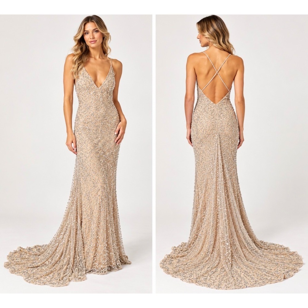 Rare Vintage Ruth Tarvydas Sequin Evening Gown US 6 Nude Champagne Mermaid Train